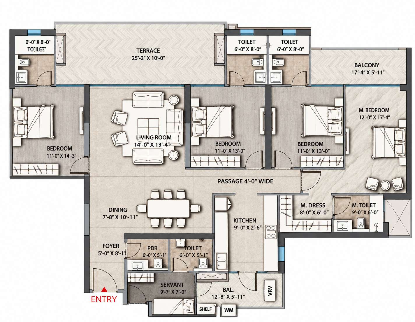 4 BHK Residence Floorplan